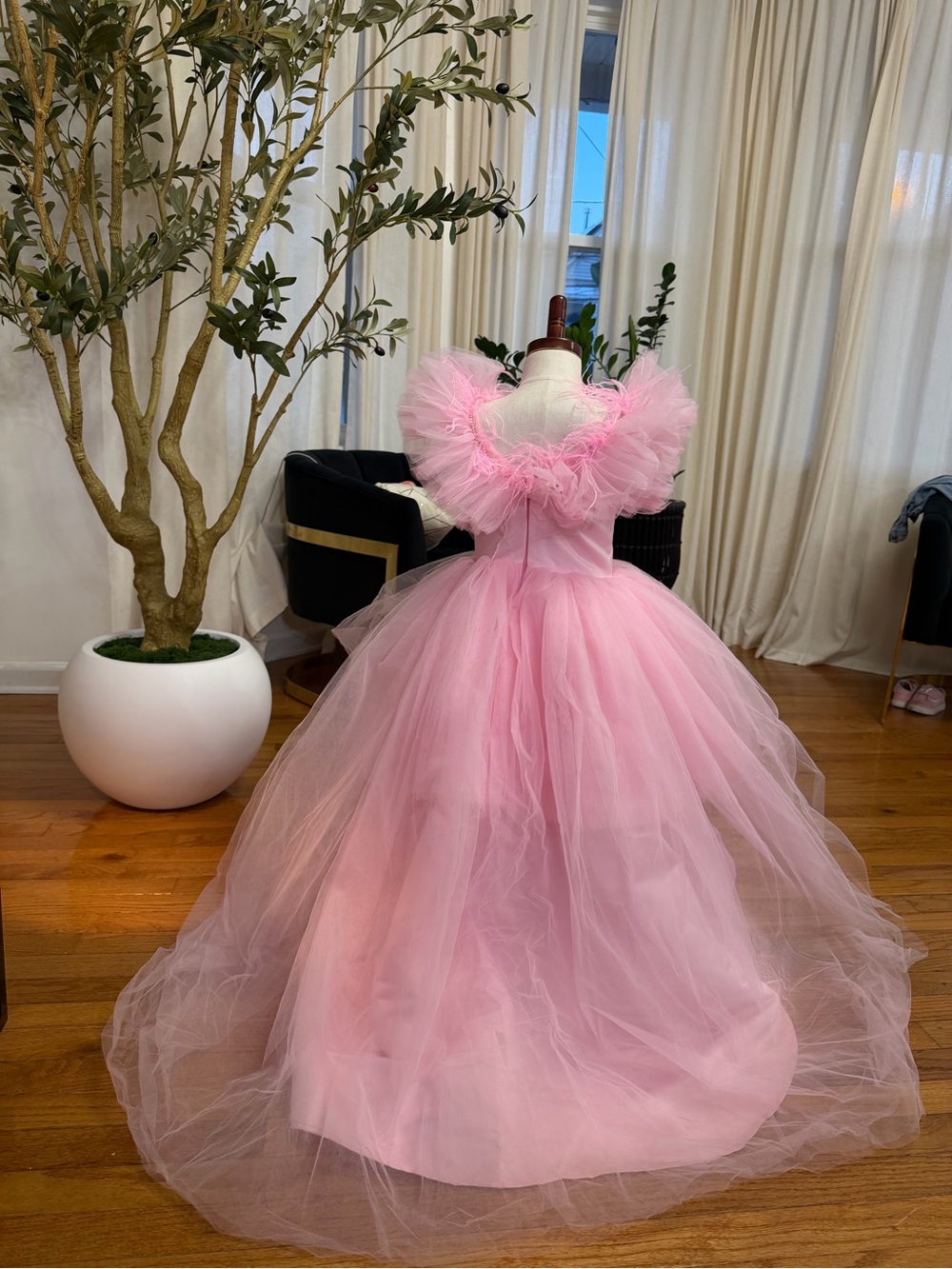 Pink Tulle Ruffled Off-Shoulder Formal Dress for Girls